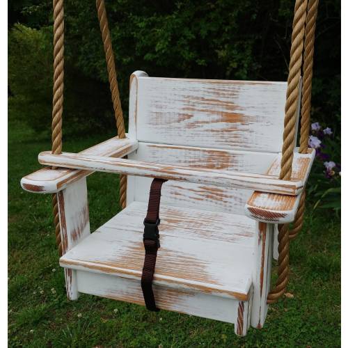 Wood Tree Swing- White Distressed Red Oak Kids Seat Style