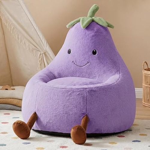 31" Kids Bean Bag Chair, Stuffed Toddler Couch with Faux Rabbit Fur Cover for Teens & Kids, Comfy Lazy Sofa Chair for Reader, Living Room, Bedroom, Aged 4-12 Years Purple