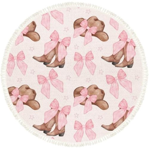 Pink Bow Rug Round Rugs Coquette Cowgirl Hat Boots Pink Bow Seamless Pattern Boho Area Rug Linen and Cotton Carpet Meditation Rug Washable Hallway Runner Mat Accent Rug for Bedroom Nursery 6ft