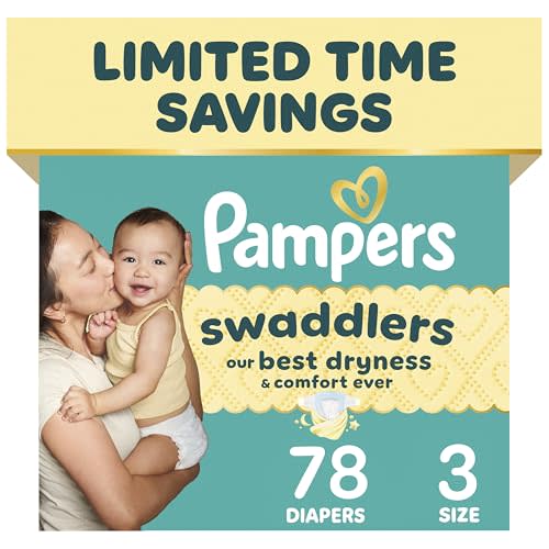 Pampers Swaddlers Diapers, Size 3 (13-26 lbs), 78 Count, Absorbent, Keeps Baby Dry and Comfortable, Skin Safe Disposable Baby Diaper