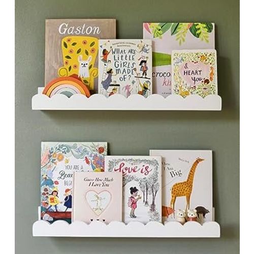 Floating Nursery Book Shelves Wall | Pair of 24in Scalloped White Nursery Book Shelves for Kids Room | Cloud Shelves | Easy to Install Baby Bookshelf for Nursery | Nursery Shelves for Wall