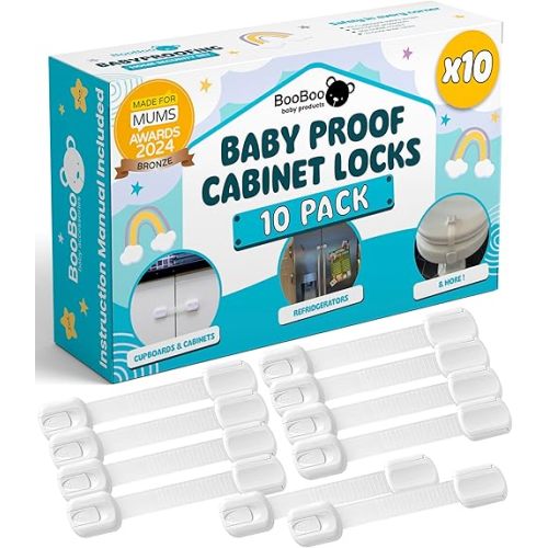 Booboo® (10 Pack) Premium Cabinet Locks Baby Proofing, Child Proof Cabinet Locks, Cupboard Locks for Children with 3M Adhesive + 4 Extra Stickers