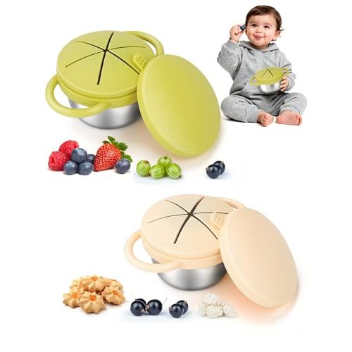 2 Pack Stainless Steel Toddler Snack Cups, Spill-Proof Double-Lid | Won't Stain or Hold Odors Like Plastic, 304 Steel, Double lid secures Toddlers,BPA-Free, Dishwasher Safe, Travel-Ready