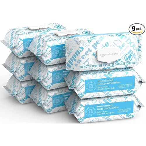 Amazon Elements Baby Wipes, Unscented, Hypoallergenic, Alcohol-Free, With Aloe and Vitamin E, 810 Count, Flip-Top Packs