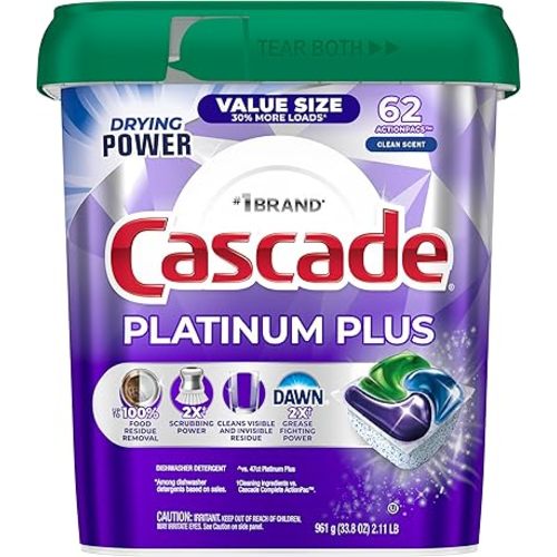 Cascade Platinum Plus Dishwasher Pods, Dish Detergent Soap, Clean Scent, 62 Count