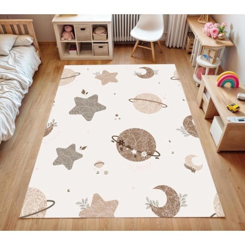 Neutral Space Theme Kids Rug - Beige Galaxy Planets & Stars Nursery Carpet -Soft Non-Slip Washable Baby Room Play Mat-Gift Rug for Kids Room