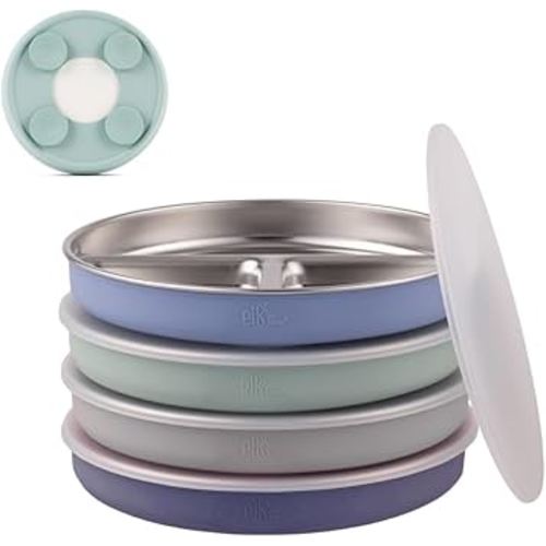 Elk and Friends Stainless Steel Divided Plates with Silicone Sleeve for Babies & Toddlers | Lids Included | Stay Put Suction | Dinner & Snack Plates | 4 Pack