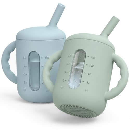 Seposeve 2 Pack Silicone Sippy Cups for Babies 6+ Months, 6 oz Straw Training Cups with Handles, Leak-Resistant Bite-to-Sip Valve, Liquid Level Window, BPA-Free, Green Blue