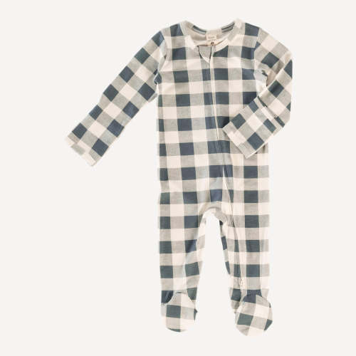 long sleeve two way zipper footie | slate blue gingham | bamboo – kate quinn