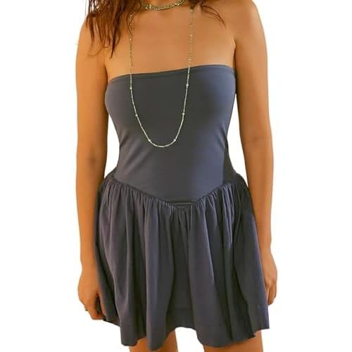 Summer Solid Strapless Mini Dress for Women Tube Top Dresses Patchwork Pleated Drop Waist Flared Beach Dress