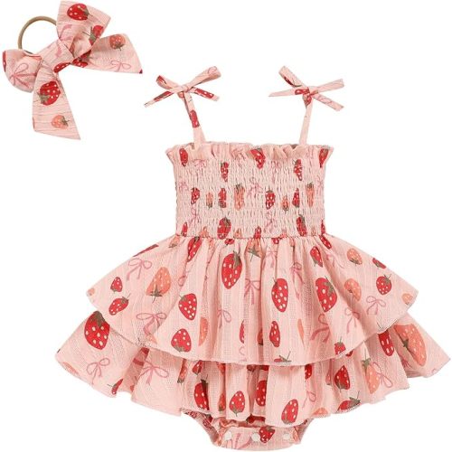 TITKKOP Baby Girl Summer Outfits Infant Double Romper - Sleeveless Bodysuit & Cake Smash Outfit - 6-9 months