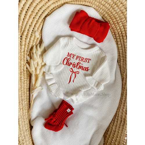 First Christmas Baby Girl Outfit, Santa Baby, Knit Ruffle Romper, Embroidered Custom Sweater, Newborn Coming Home Outfit, Holiday Photoshoot