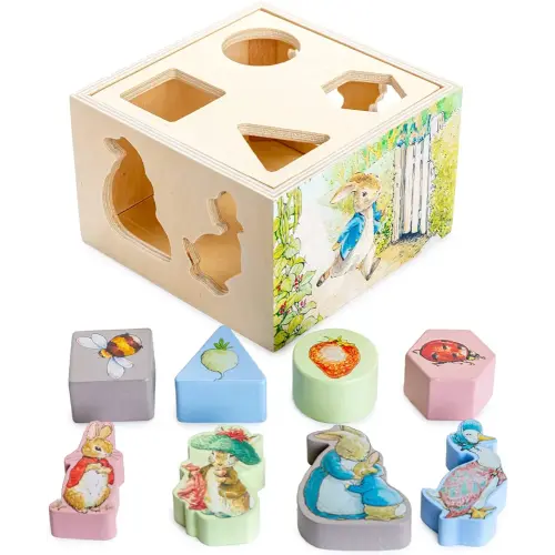 KIDS PREFERRED Beatrix Potter Peter Rabbit Wooden Shape Sorter for Toddlers, Includes 8 Pieces, Multicolor