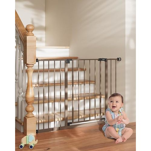 InnoTruth 28.9-45.3" Baby Gate for Doorways, 30" Tall Extra Wide Dog Gates for Stairs, 2-Ways Swing, Easy Walk Thru Dual Lock Pet Gate for Hallways, Bedroom, Easy Install Child Gate Indoor,Brown