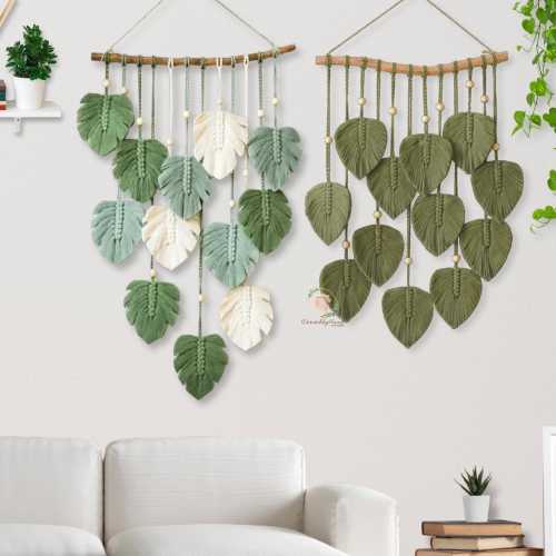 Green Leaf Macrame Wall Hanging: Boho Monstera Decor