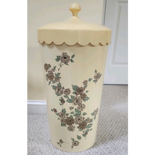 Vintage MCM Hard Plastic Flowers Laundry Hamper With Lid Vents 22” H