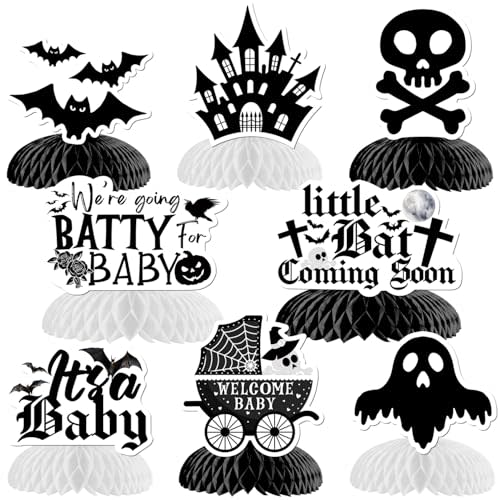 8Pcs Halloween Gothic Baby Shower Honeycomb Centerpiece Baby Bat Coming Soon Decorations Ghost Bat Castle Skeleton Table Decor for Halloween Bat Theme Baby Shower Party Decor Supplies