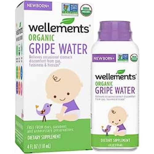 Wellements Organic Gripe Water 4 Fl Oz, Relief for Occasional Baby Gas, Colic & Fussiness, Herbal Remedy Of Chamomile, Fennel Seed & Ginger Root, USDA Certified Organic, Gluten Free & Non GMO, Ages Newborn+