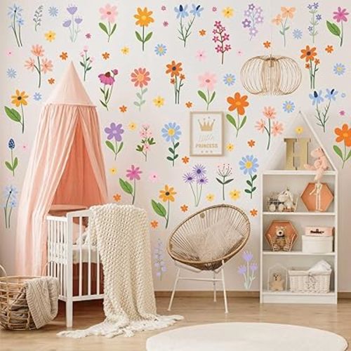Wild Flower Wall Decals - Peel and Stick Removable Floral Wall Stickers for Nursery, Bedroom, Living Room Decor (8 Sheets 102 Pcs Wildflower Mural Art, Garden Theme)