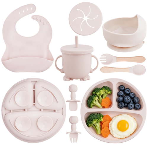 Lumikrypt Silicone Baby Feeding Set, 9 Pcs Baby Led Weaning Utensils, Baby Suction Bowl, Plates, Bib, Spoons Set, Sippy Cup with Straw, Baby Self Feeding Supplies Set (Beige)