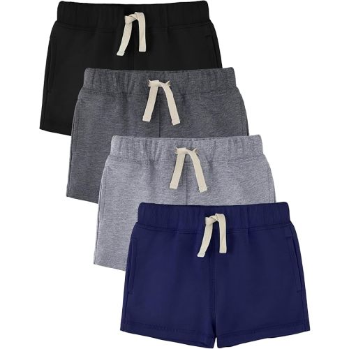HoeVou Baby Boys Shorts 4-Pack 0-24M | Cotton Knit Pull-On with Adjustable Drawstring Waist & Pockets, Summer Playwear