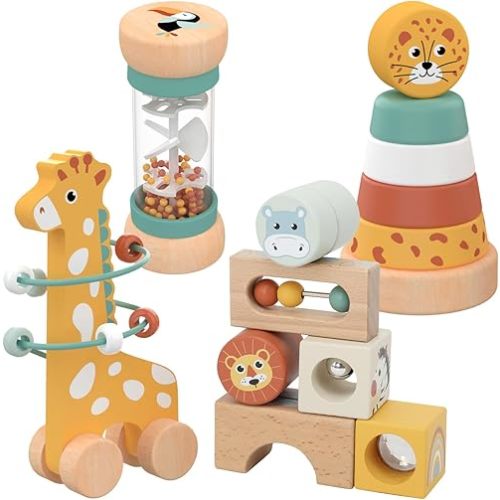 Nene Toys Montessori Toys for 1 Year Old – 4-in-1 Wooden Sensory Toy Set with Stacking Rings, Rainmaker, Giraffe Bead Maze & Activity Blocks – Educational Gift for Toddlers, Boys & Girls Age 1+