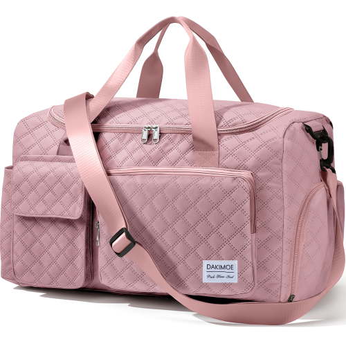 DAKIMOE Travel Duffle Bag for Women Men, Weekender Bags Carry on Gym Bag with Wet Pocket/Adjustable Strap/Shoe Compartment, Foldable Waterproof Overnight Tote Bag for Plane Sports Dance, Pink