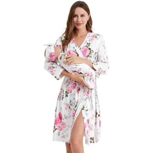 Galabloomer Maternity Robe and Baby Receiving Blanket, Matching Mommy Labor Delivery Robe and Swaddle Set