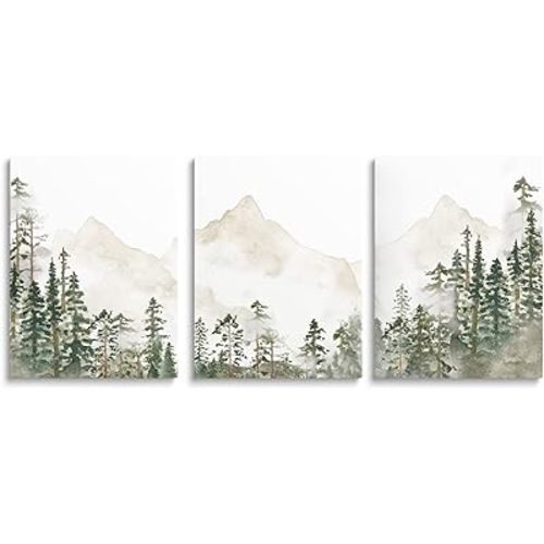 SKYSUKEY Foggy Forest Wall Art Woodland Nursery Wall Decor Netural Wild Nature Nursery Decor Mountain Wall Art Green Landscape Prints for Boy Girl Bedroom Living Room Home, Framed Set 3, 12"x16"