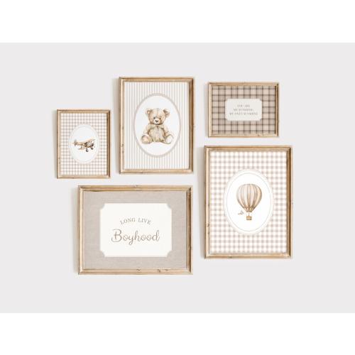Tan Boy Nursery Wall Art Set, Neutral Gingham Nursery Decor, Long Live Boyhood Print, Teddy Bear Print, Hot Balloon Print, Boy's Room Decor