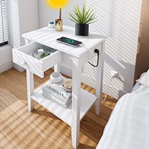 OTEKAY Nightstand with Charging Station, Solid Wood End Table with 2 USB Ports and 2 AC Power Outlets, Bed Side Table Night Stand Features a Drawer and Shelf for Storage, White