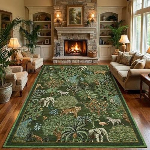 GarveeHome Jungle 8x10 Area Rug Washable Rugs for Living Room, Forest Rug Non Slip Low Pile Soft Indoor Stain Resistance Animal Print Carpet for Bedroom Dining Room Playroom Nursery, Dark Green