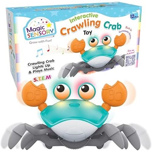 Magic Sensory Interactive Crawling Crab Baby Toy – Cute Walking Crab Toy for Toddlers 18+ Months with Lights, Music & Obstacle Avoidance – Rechargeable Sensory Toys for Babies & Kids – Blue