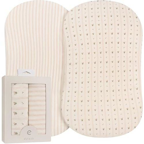 Ely's & Co. Bassinet Sheets, Baby Girl Fitted Bassinet Mattress Sheet Set - 2 Pack, 100% Jersey Knit Cotton, fits Oval, Hourglass and Rectangle Mattress, Pink Linear Floral Collection, 32”x16”x3”