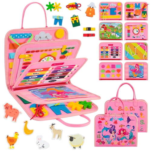 COWIN Montessori Busy Board for Toddlers, 8 Pages, Pink