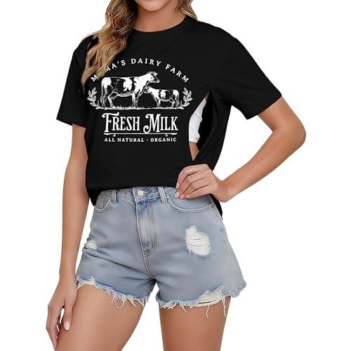Comfort Breastfeeding Shirts for Women Zip Nursing Tops Causal Distressed Acid Washed Maternity Tees