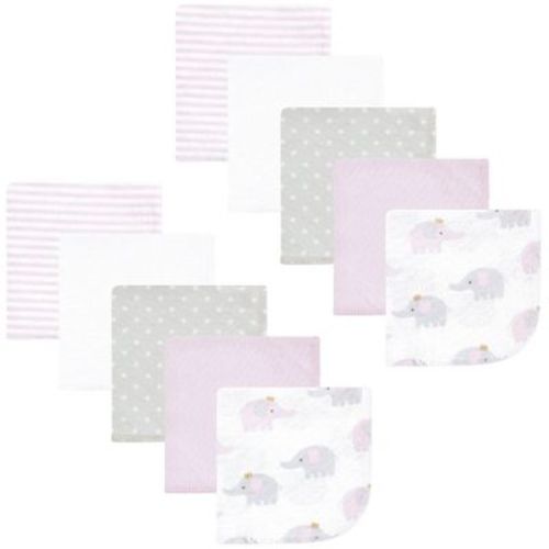 Hudson Baby Infant Girl Flannel Cotton Washcloths, Lilac Elephants 10 Pack, One Size