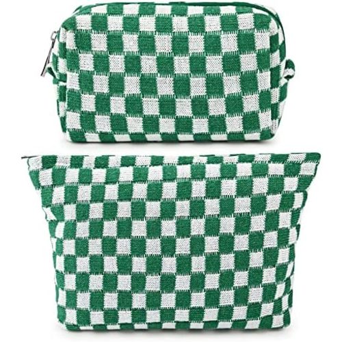 SOIDRAM 2 Pieces Makeup Bag Large Checkered Cosmetic Bag Capacity Canvas Mix Travel Toiletry Bag Organizer Cute Makeup Brushes Aesthetic Accessories Storage Bag for Women, Checkered Mix Green