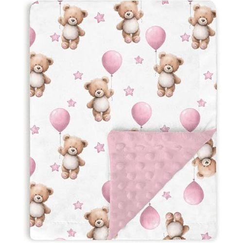 Dirty Pink Baby Blankets for Girls 30" x 40", Soft Double Layer Minky Blanket with Dotted Fleece Back, Nursery Bed Receiving Quilt Newborn Infant Toddler Shower Gift Bear Balloon Star Theme