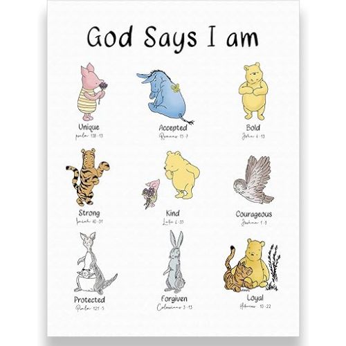 Classic Winnie Wall Art, God Says I AM Biblical Affirmations, Christian Nursery Decor, Inspirational Scripture Print, Kid's Room Decor Unframed CANVAS Print 12"X16"