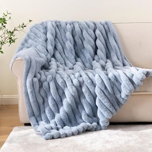 Battilo Faux Fur Blue Throw Blanket, Striped Rabbit Fur Blanket, 60"x80"