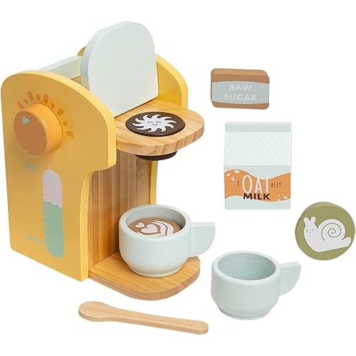 Pearhead Barista in Training Montessori Toy Coffee Maker, Wooden Pretend Play Toy Set for Developmental Learning, Play Kitchen Set for Toddlers Ages 3+ Years, 9 Piece Wooden Play Toy Set