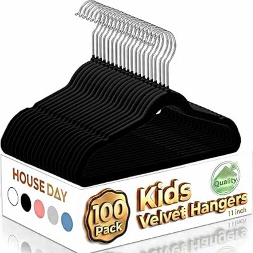 HOUSE DAY 11 Inch Velvet Baby Hangers 100 Pack Black, Premium Kids Hangers for Children, Infant & Toddler Clothes, Durable Non Slip Small Baby Felt Hanger for Closet, Ideal for Everyday Use