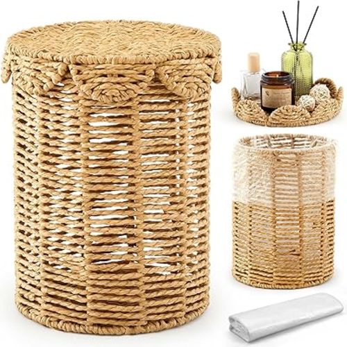 Ctosree 1.3 Gallons Small Wicker Trash Can with Lid Handle Woven Wicker Rattan Bathroom Waste Basket Boho Trash Basket with 100 Plastic Garbage Bags for Bedroom Laundry (Scalloped Style, Natural)