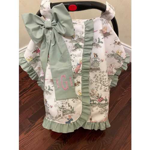 Choose Your Color Toile Car Seat Canopy with Large Bow and Ruffle, Monogrammed Car Seat Tent, Personalized Baby Shower Gift