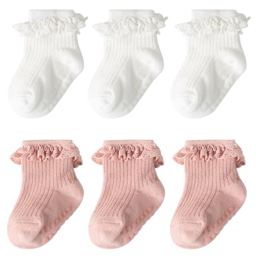 DRESHOW BQUBO Baby Girls Toddler Anti Slip Socks - Cute Frilly Ruffle Grip Ankle Socks for Infant Toddler