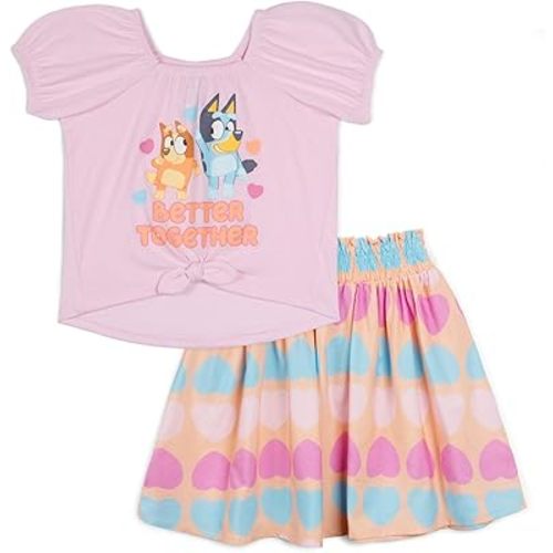 Bluey Girls Square Neck T-Shirt and Smocked Skirt Toddler to Big Kid Sizes (2T - 10-12)