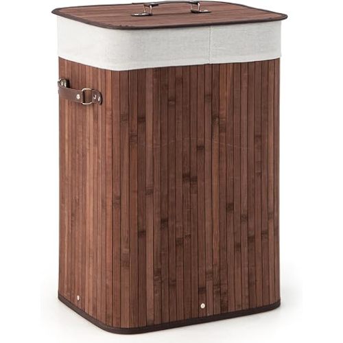 Giantex Bamboo Laundry Hamper with Lid, 72L Large & Tall Clothes Hamper with Removable Liner & Handles, Rectangular Laundry Basket for Small Spaces, Laundry Room, Bedroom (Brown)
