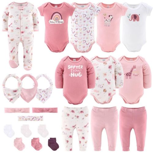 The Peanutshell Layette Gift Set for Baby Girls, Safari Rainbow, 23 Essential Pieces, 6-9 Months, Pink