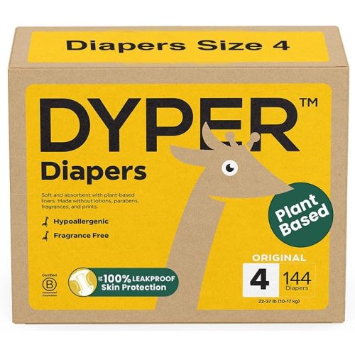 DYPER Baby Diapers Size 4 (144 Count) – Plant-Based, Hypoallergenic, Fragrance-Free & Ultra Absorbent Diapers for Day and Overnight Skin Protection, Value Pack Size 4 Diapers